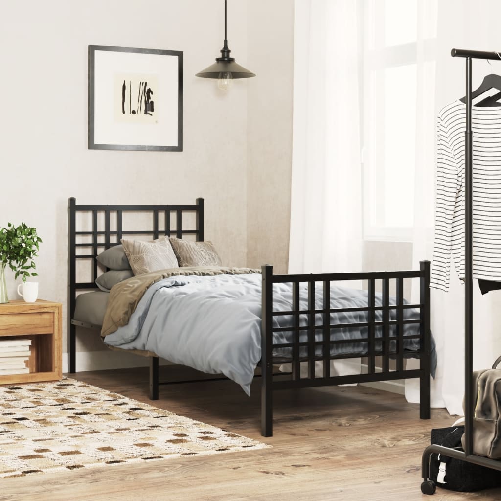 Metal Bed Frame without Mattress with Footboard Black 75x190cm