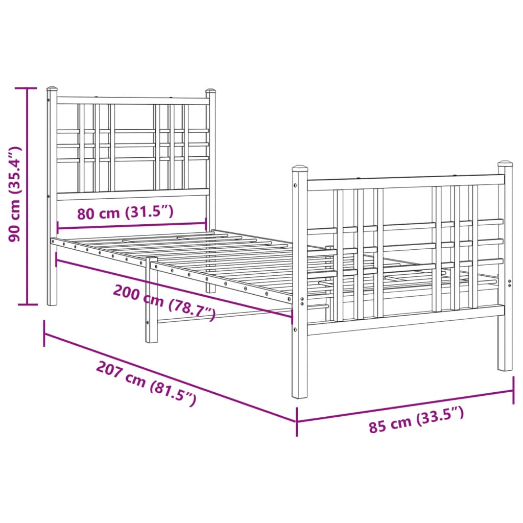 Metal Bed Frame without Mattress with Footboard Black 80x200cm