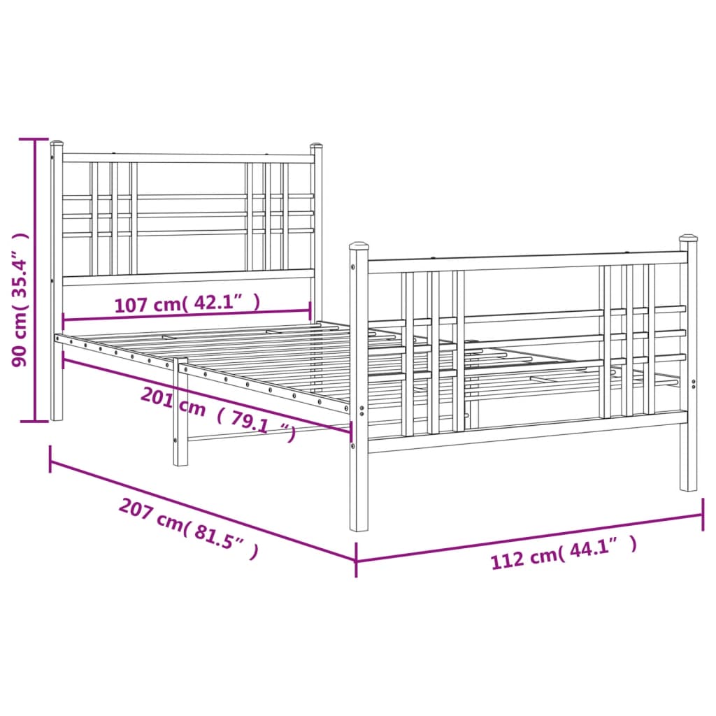Metal Bed Frame without Mattress with Footboard Black 107x203cm