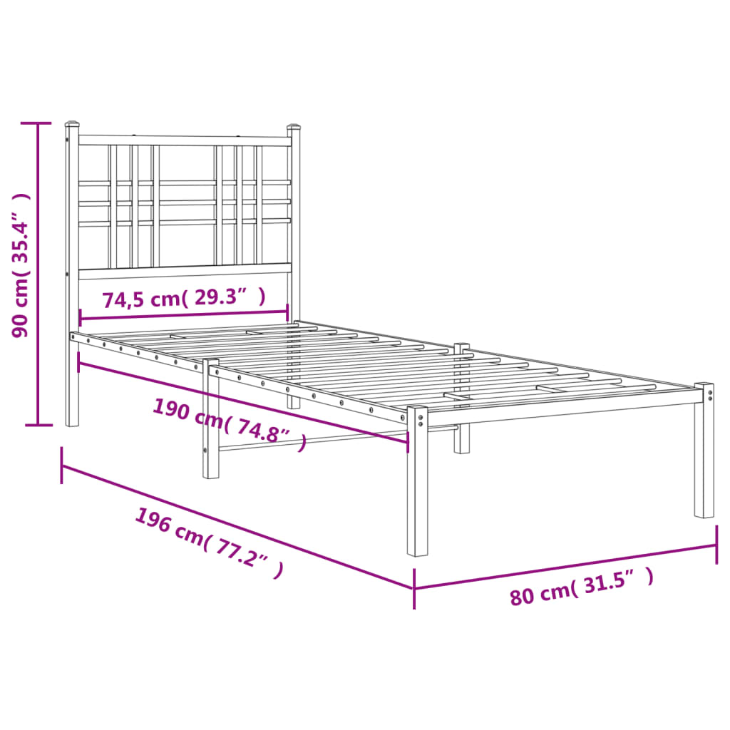 Metal Bed Frame without Mattress with Headboard White 75x190cm
