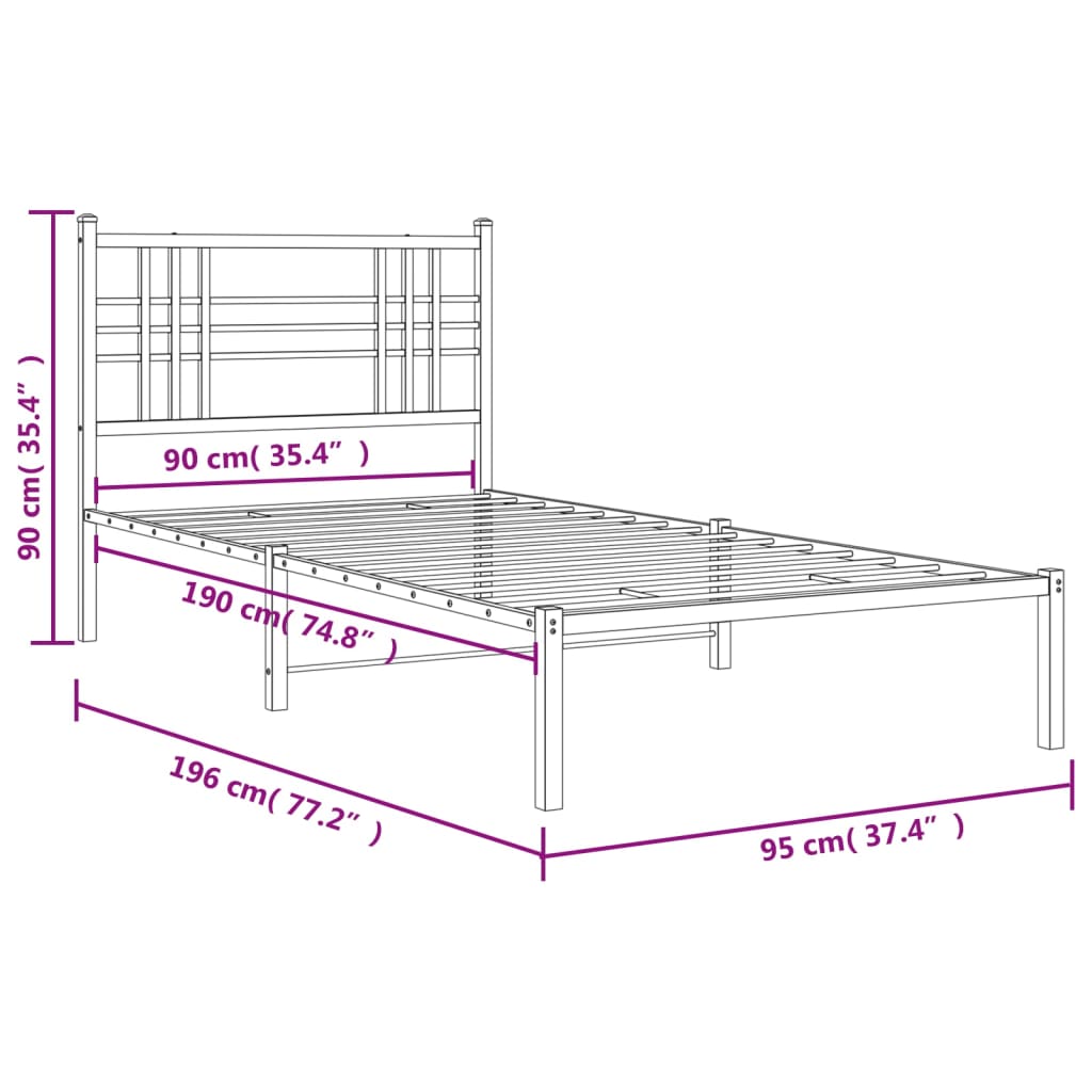 Metal Bed Frame without Mattress with Headboard White 90x190cm