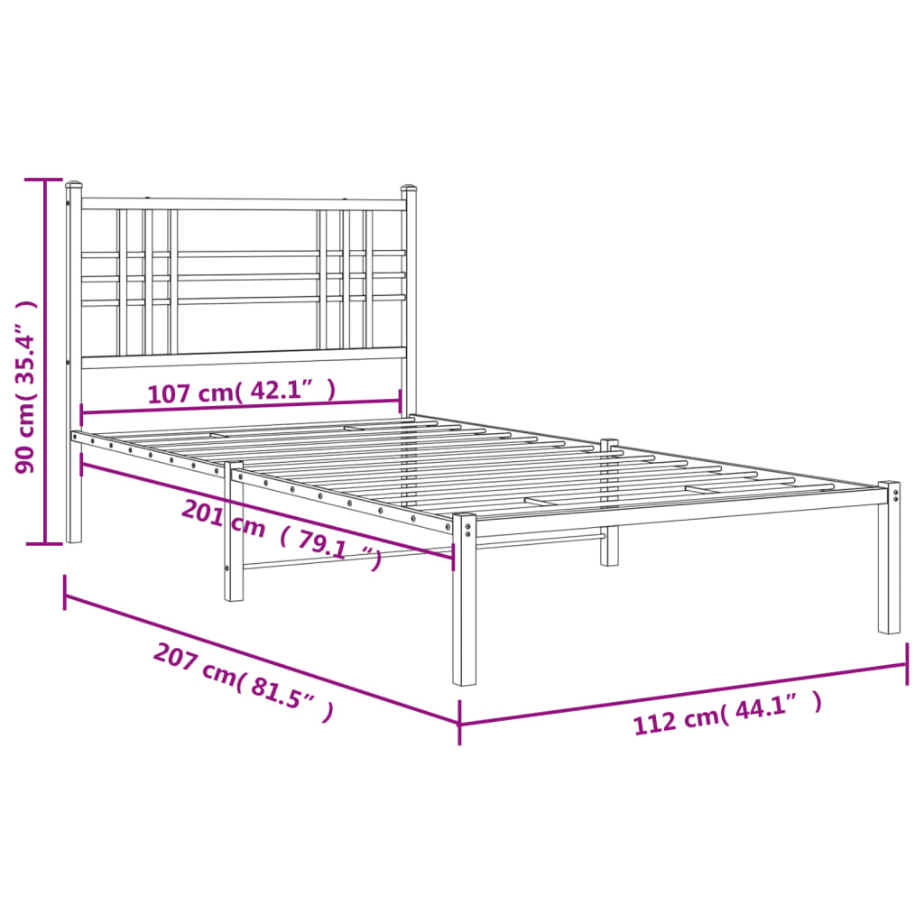 Metal Bed Frame without Mattress with Headboard White 107x203cm