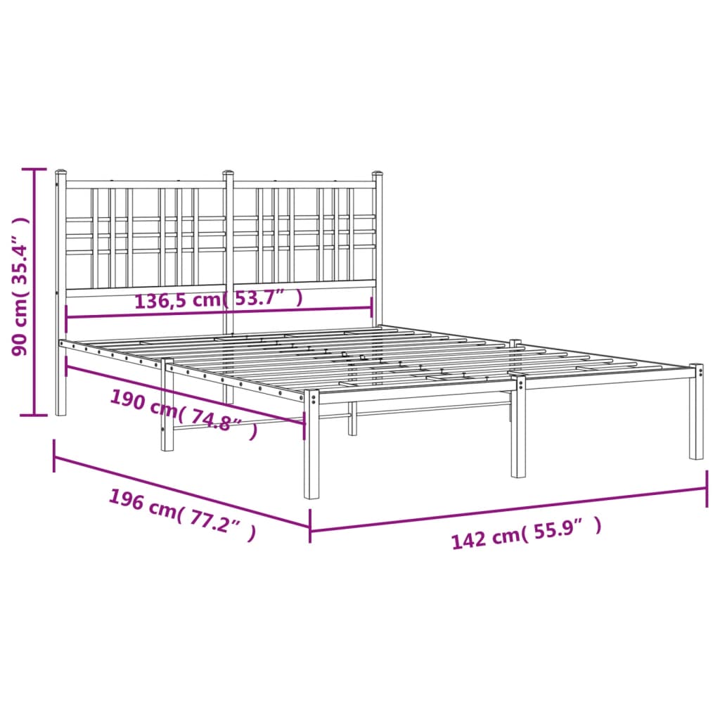 Metal Bed Frame without Mattress with Headboard White 135x190cm