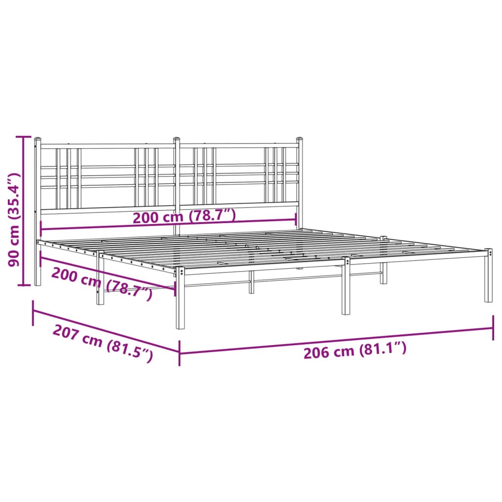 Metal Bed Frame without Mattress with Headboard White 200x200cm