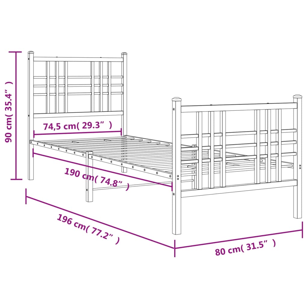Metal Bed Frame without Mattress with Footboard White 75x190cm