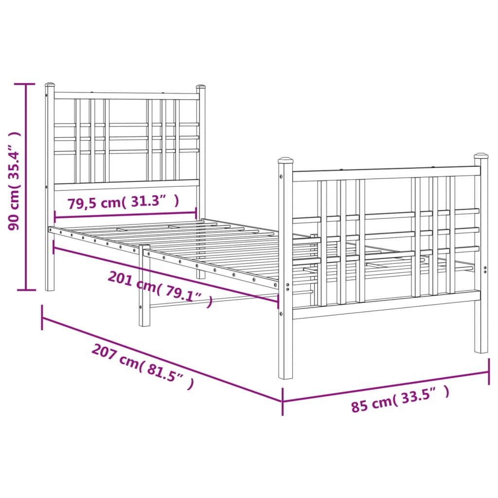 Metal Bed Frame without Mattress with Footboard White 80x200cm