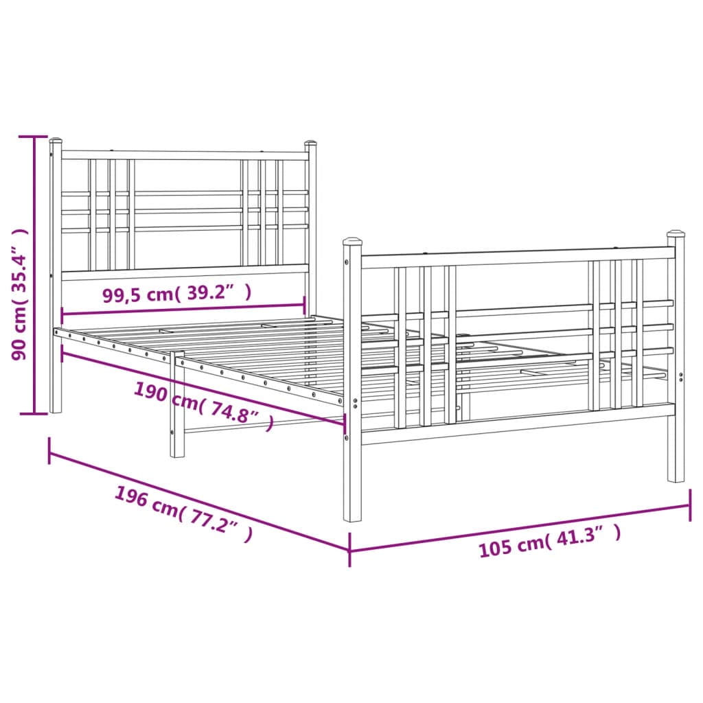 Metal Bed Frame without Mattress with Footboard White 100x190cm