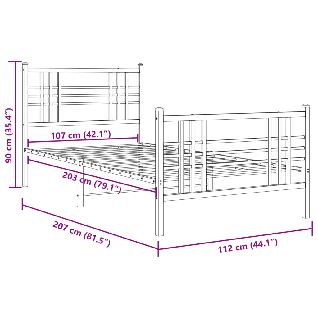 Metal Bed Frame without Mattress with Footboard White 107x203cm