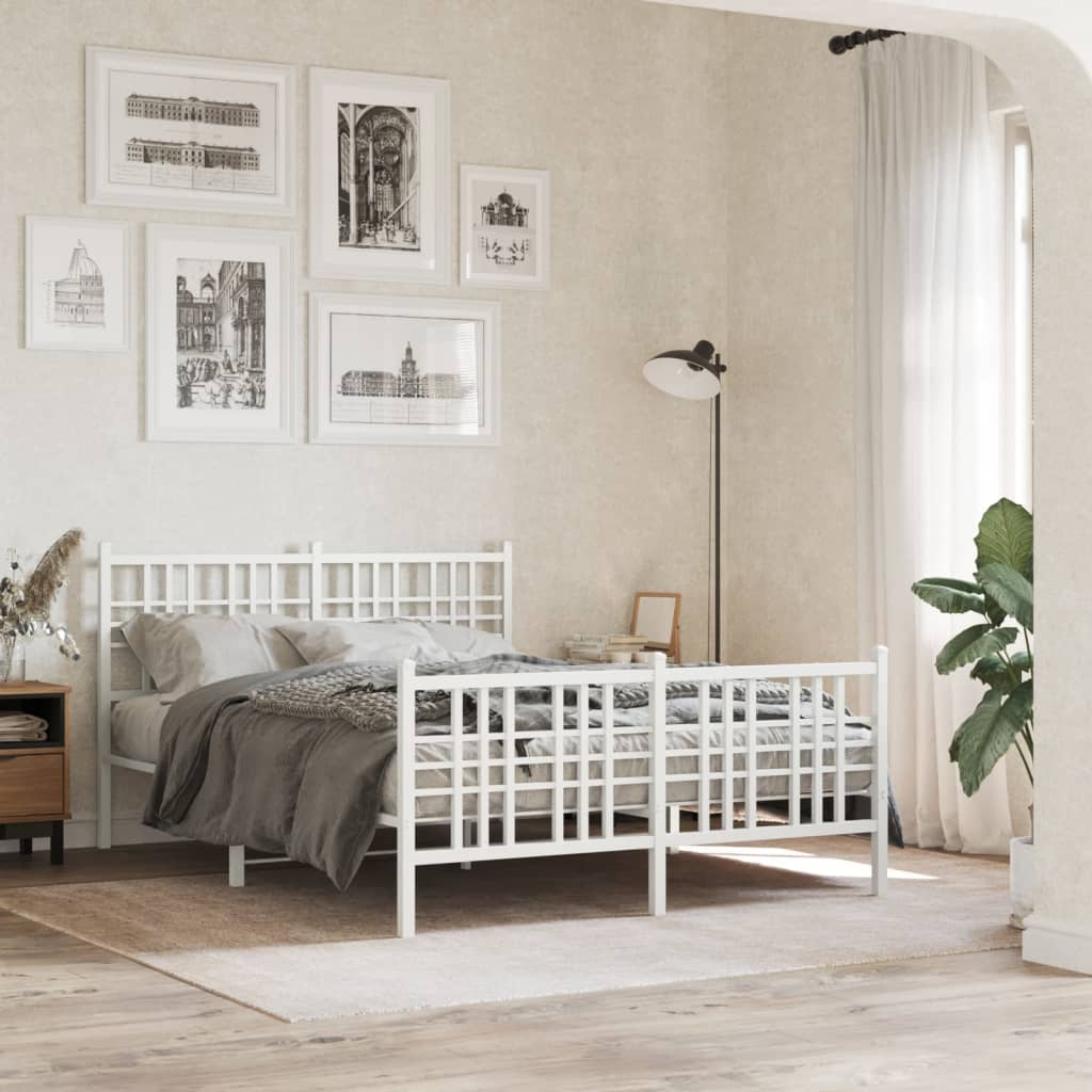 Metal Bed Frame without Mattress with Footboard White 137x190cm