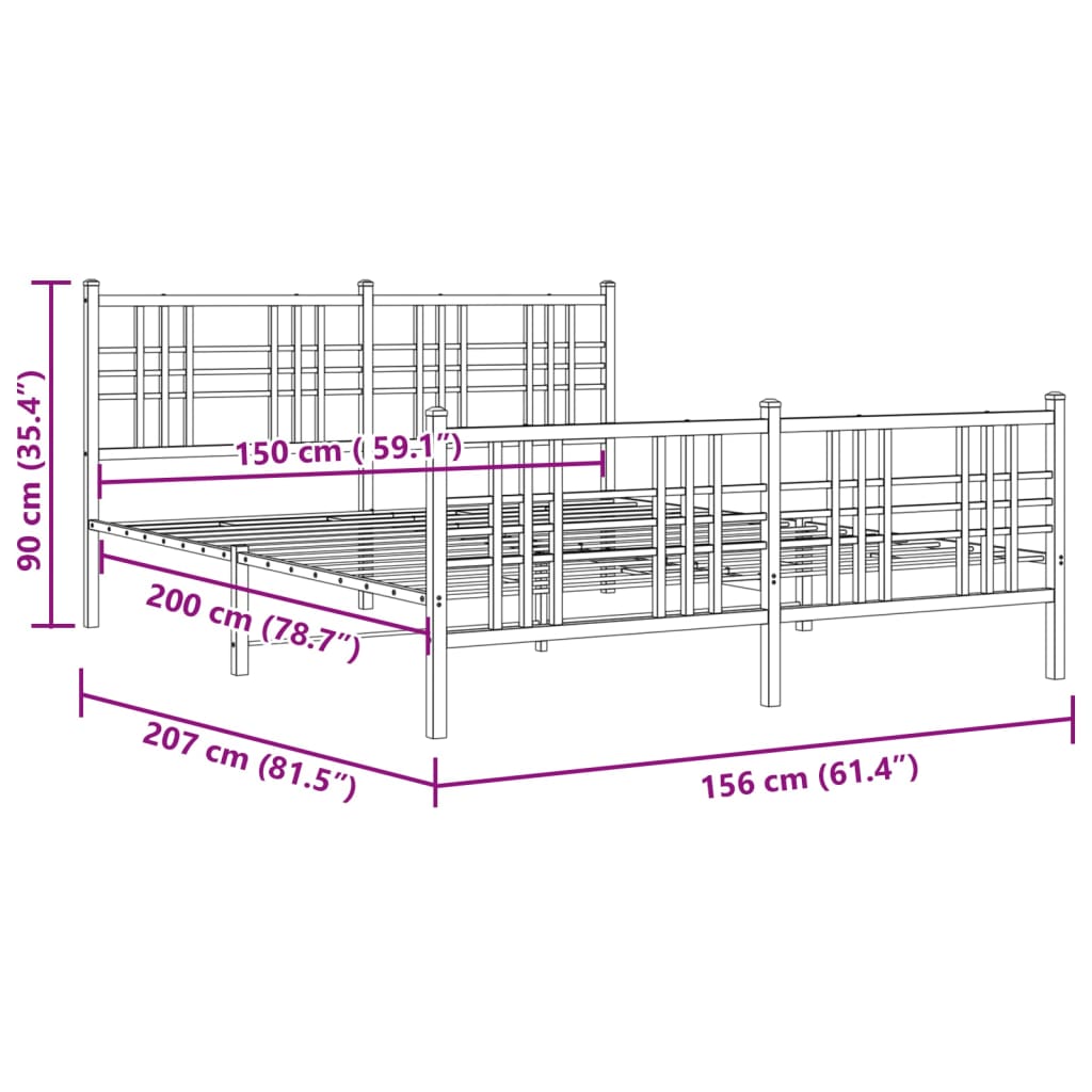 Metal Bed Frame without Mattress with Footboard White 150x200cm