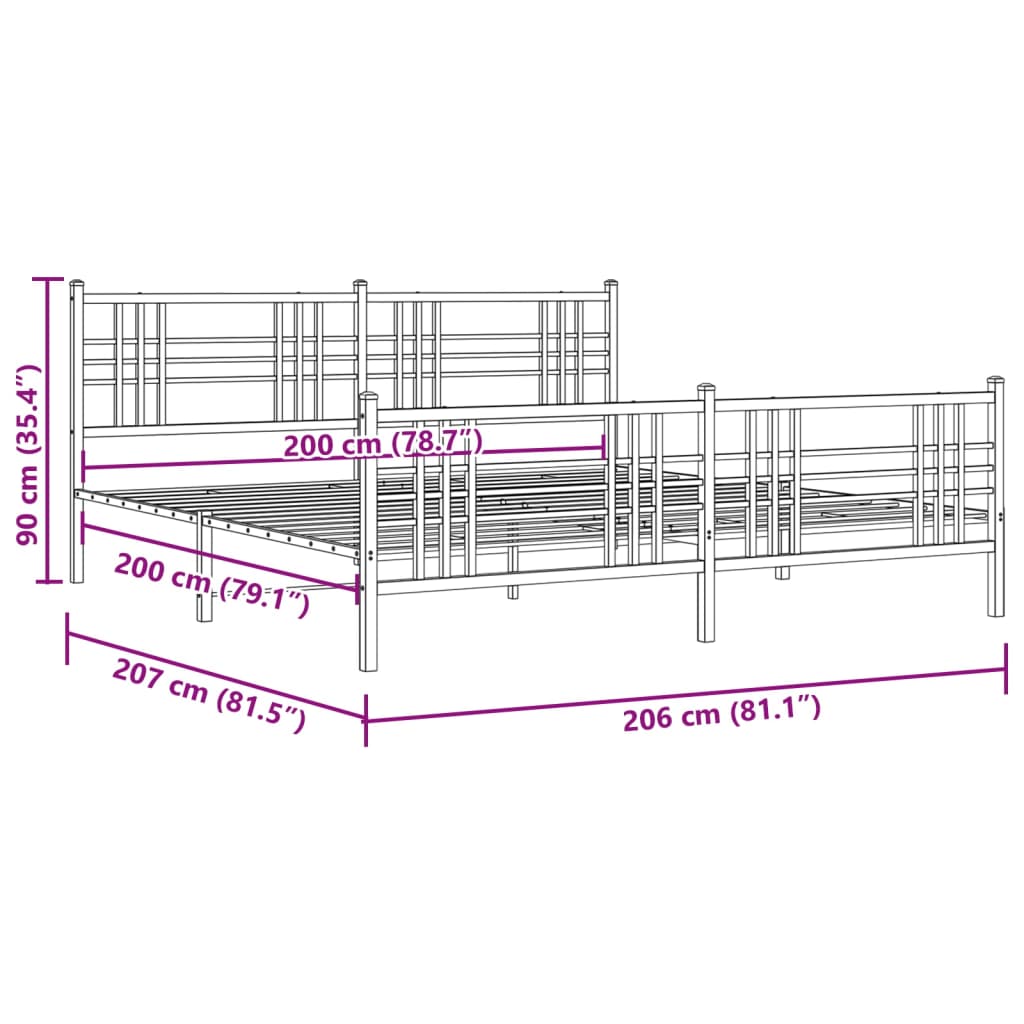 Metal Bed Frame without Mattress with Footboard White 200x200cm