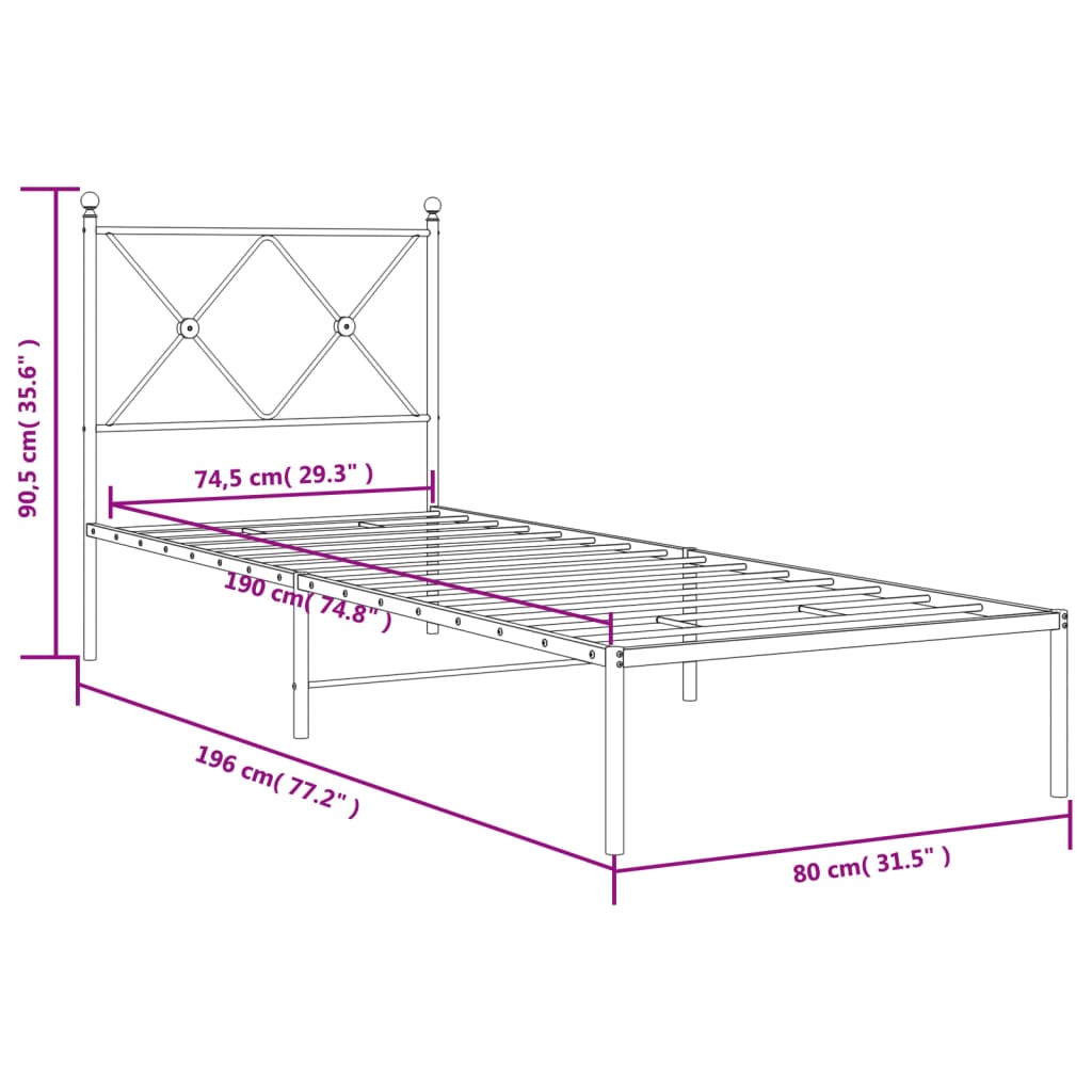Metal Bed Frame without Mattress with Headboard Black 75x190cm