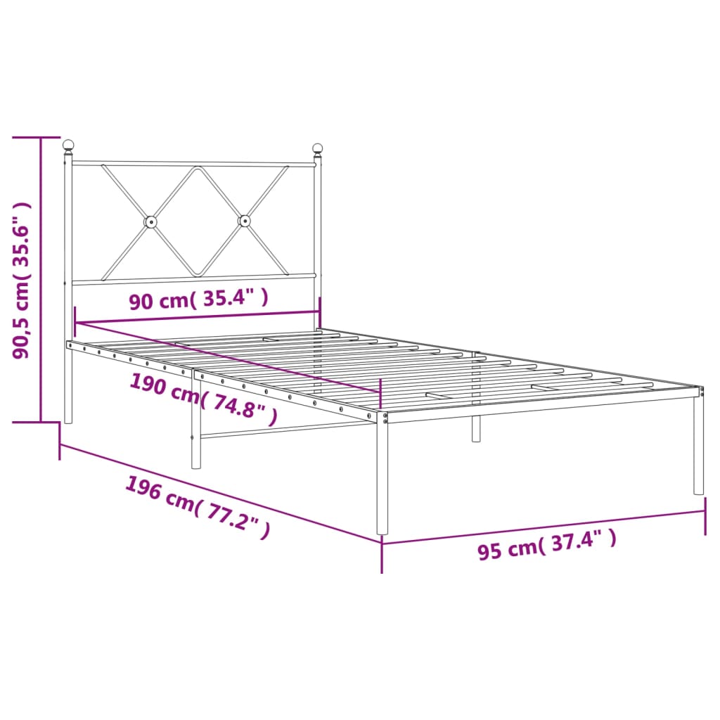 Metal Bed Frame without Mattress with Headboard Black 90x190cm