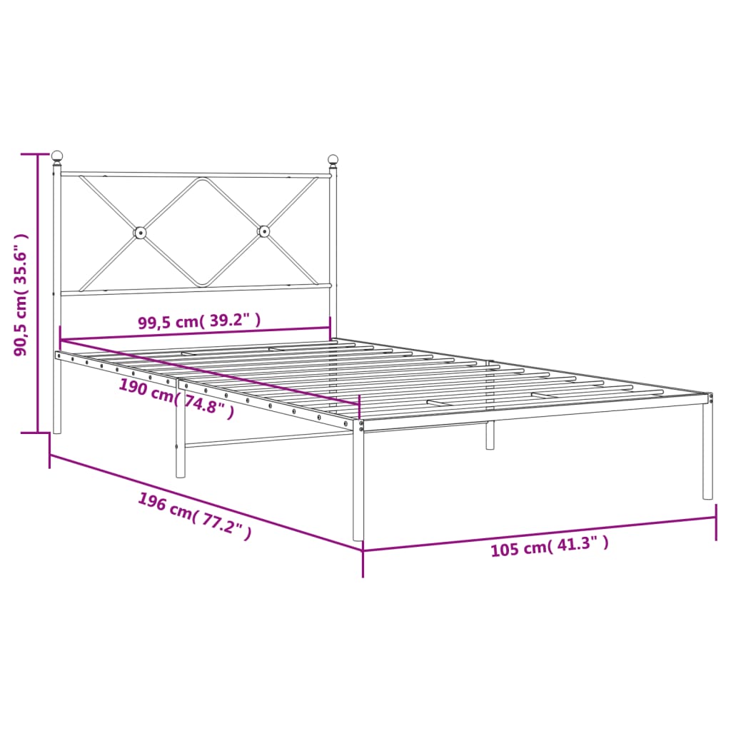 Metal Bed Frame without Mattress with Headboard Black 100x190cm