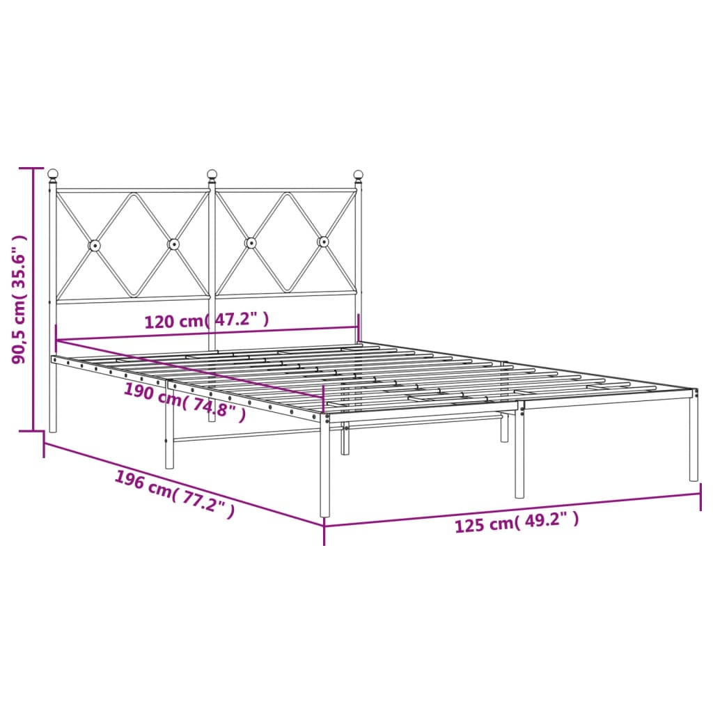Metal Bed Frame without Mattress with Headboard Black 120x190cm