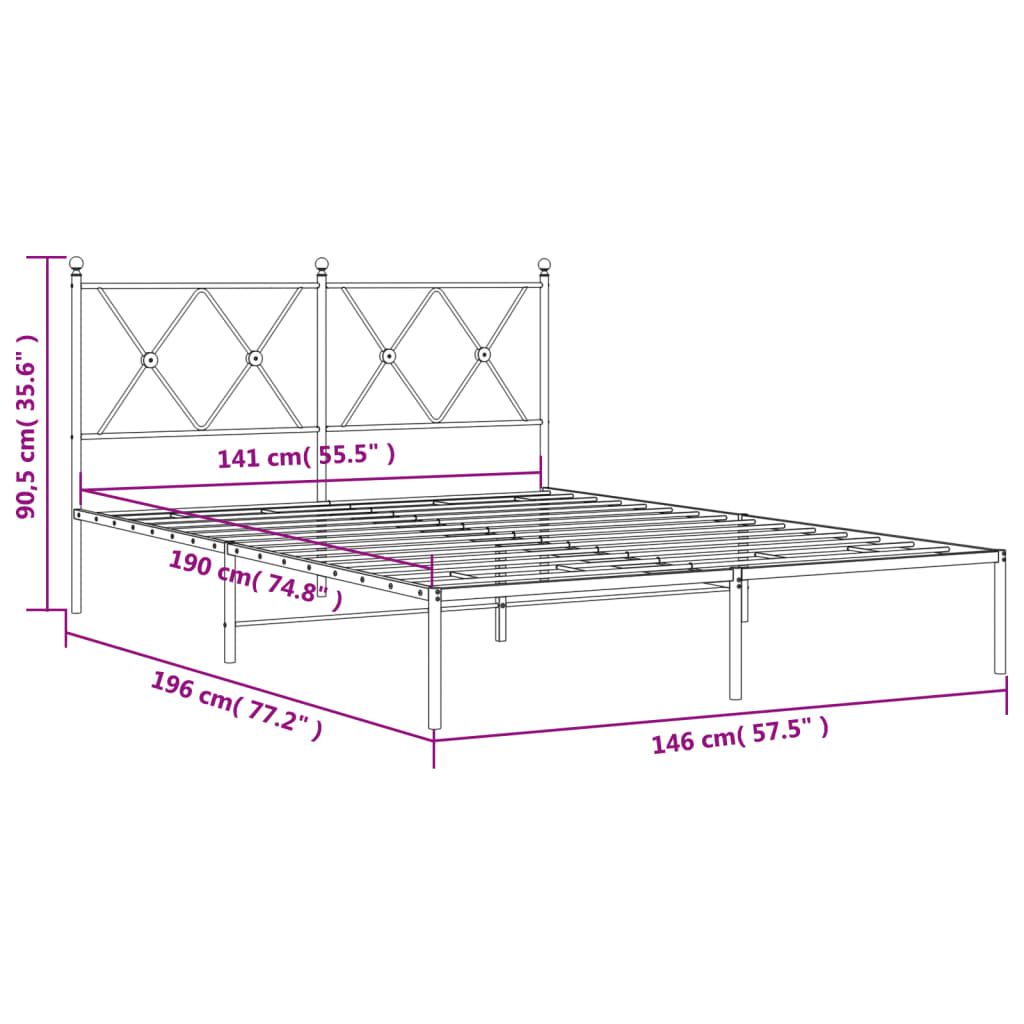 Metal Bed Frame without Mattress with Headboard Black 140x190cm