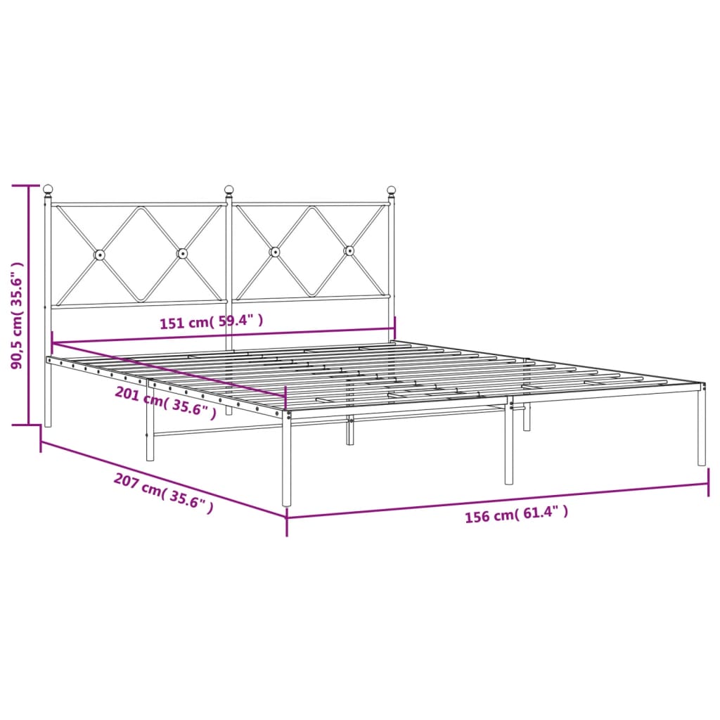 Metal Bed Frame without Mattress with Headboard Black 150x200cm