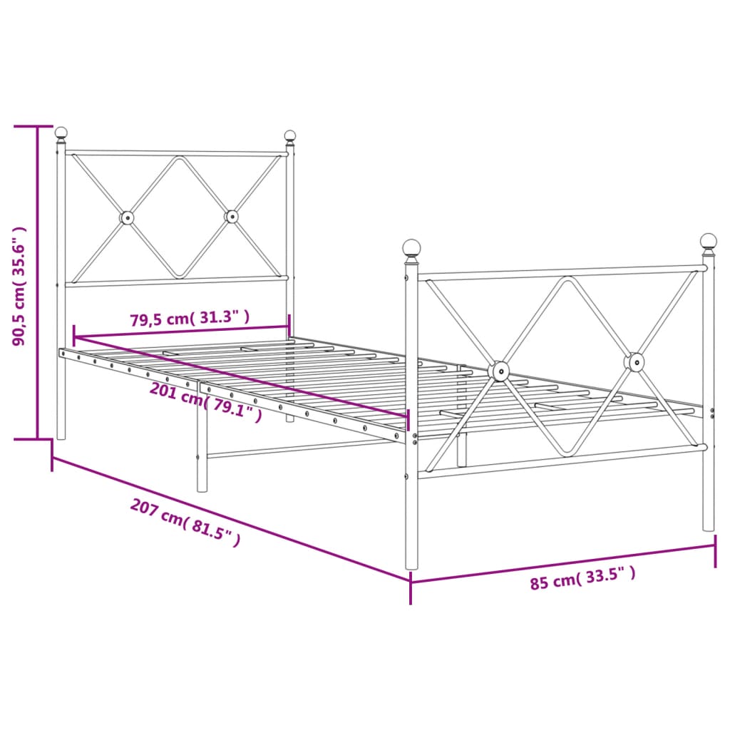 Metal Bed Frame without Mattress with Footboard Black 80x200cm