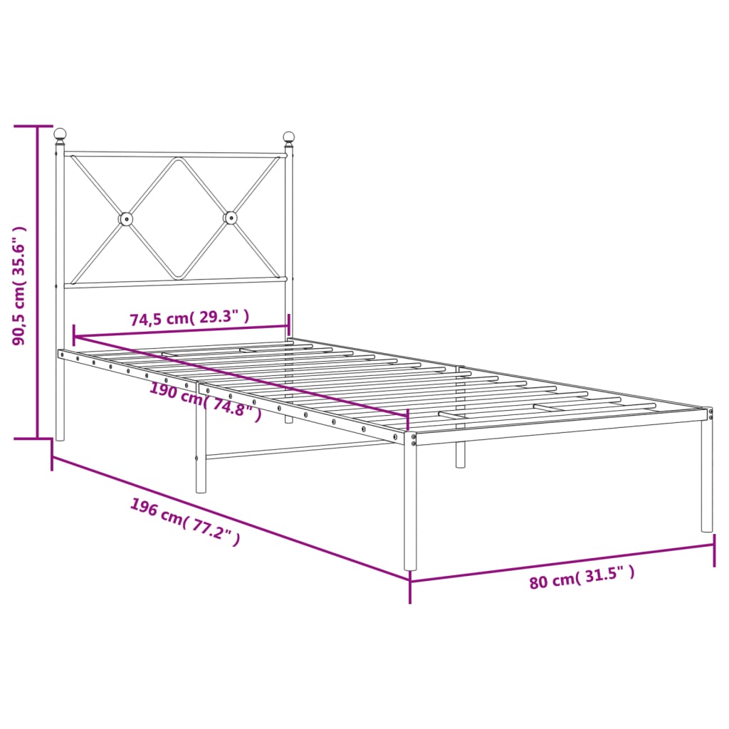 Metal Bed Frame without Mattress with Headboard White 75x190cm