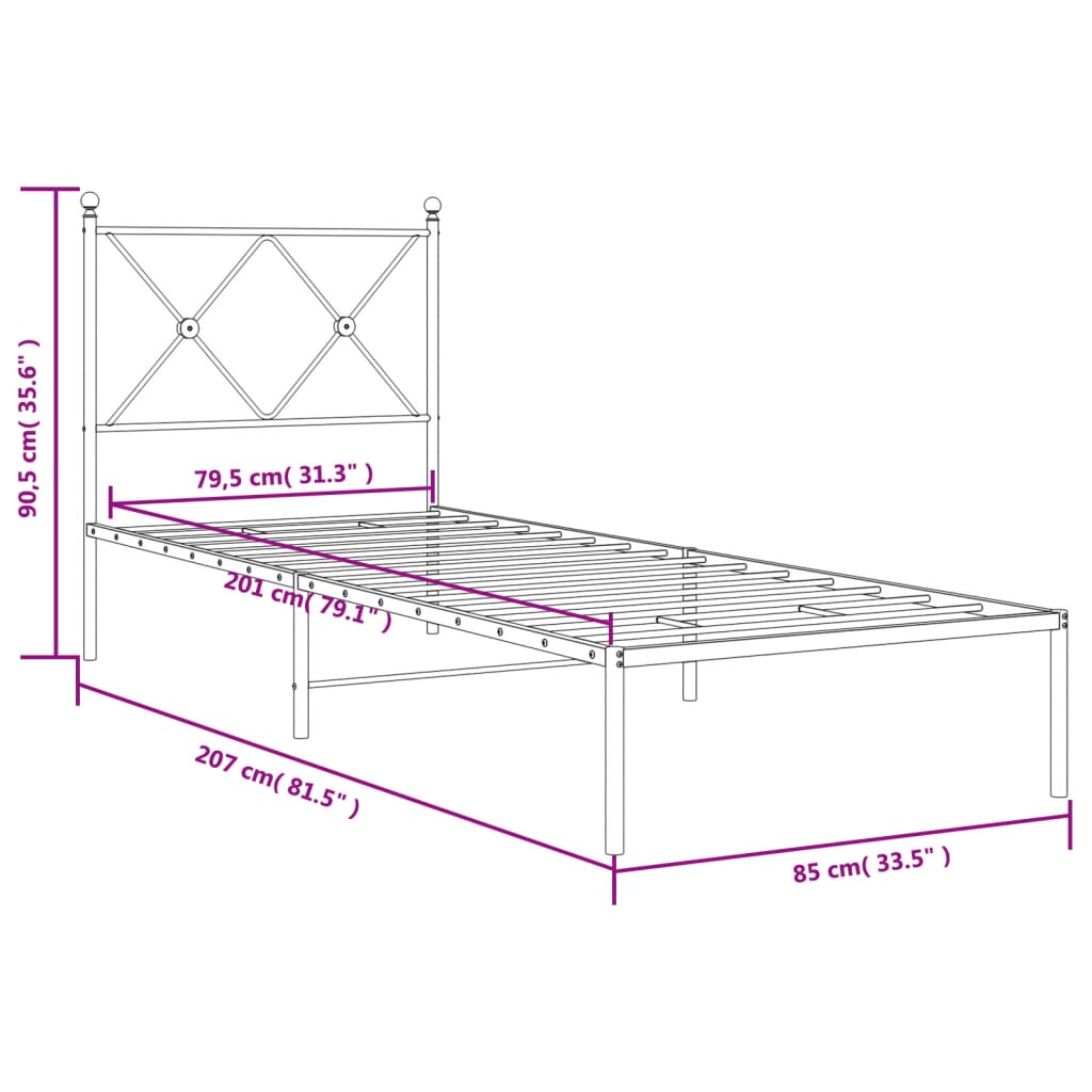 Metal Bed Frame without Mattress with Headboard White 80x200cm