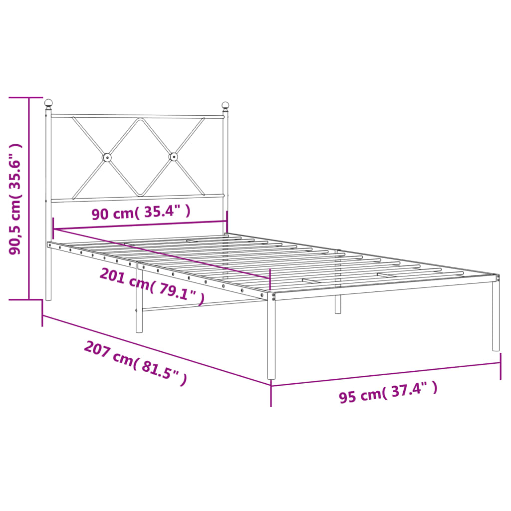 Metal Bed Frame without Mattress with Headboard White 90x200cm