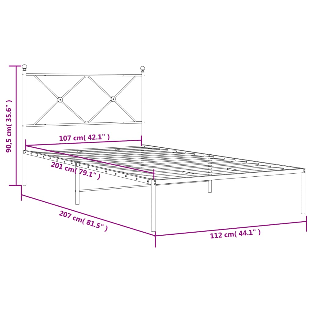 Metal Bed Frame without Mattress with Headboard White 107x203cm