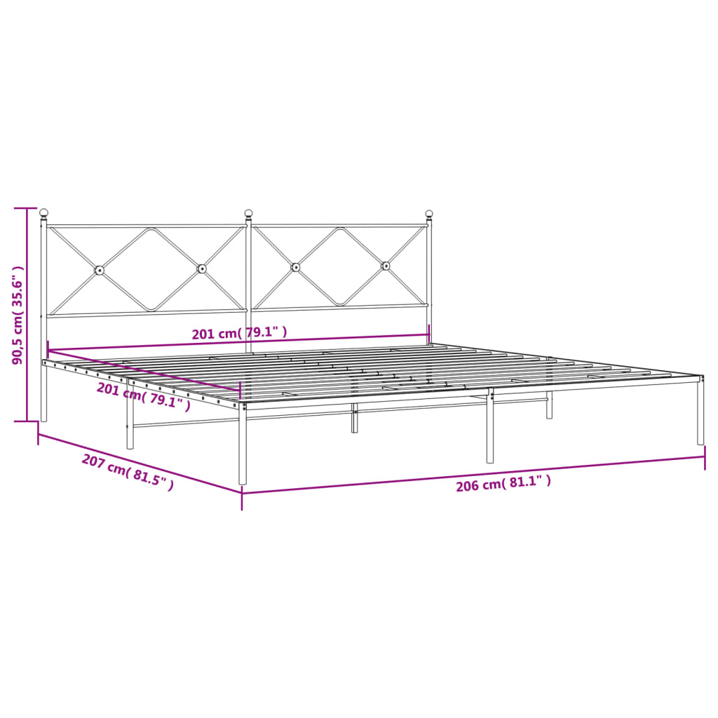 Metal Bed Frame without Mattress with Headboard White 200x200cm