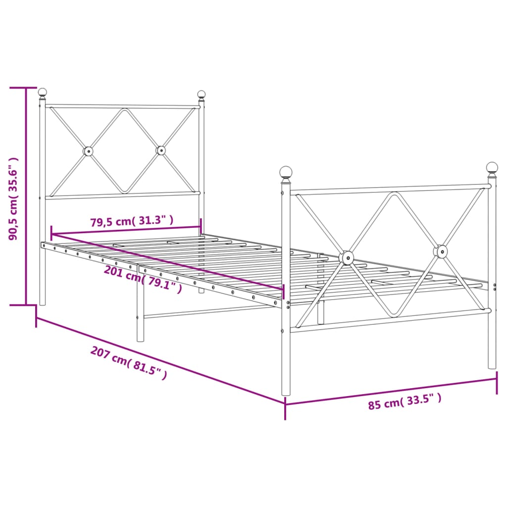 Metal Bed Frame without Mattress with Footboard White 80x200cm