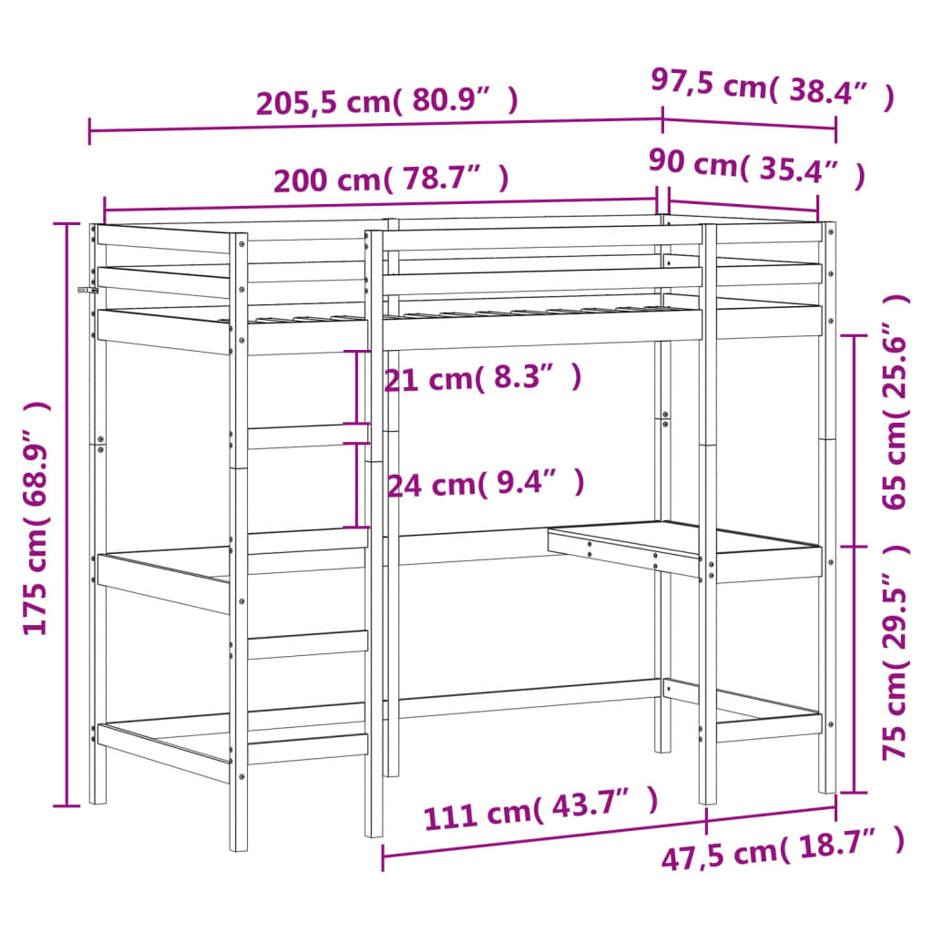 Loft Bed without Mattress White 90x200 cm Solid Wood Pine