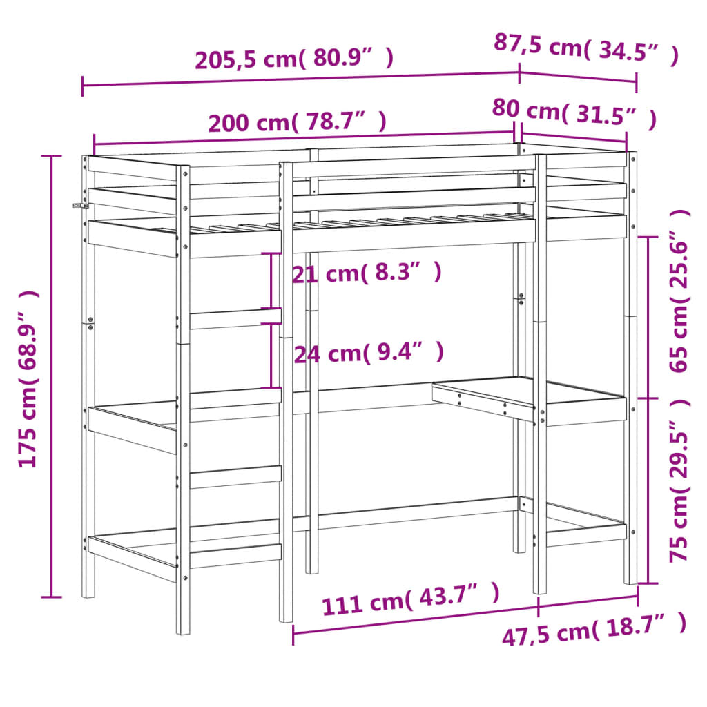 Loft Bed without Mattress 80x200 cm Solid Wood Pine
