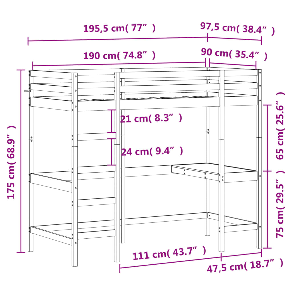 Loft Bed without Mattress 90x190 cm Single Solid Wood Pine