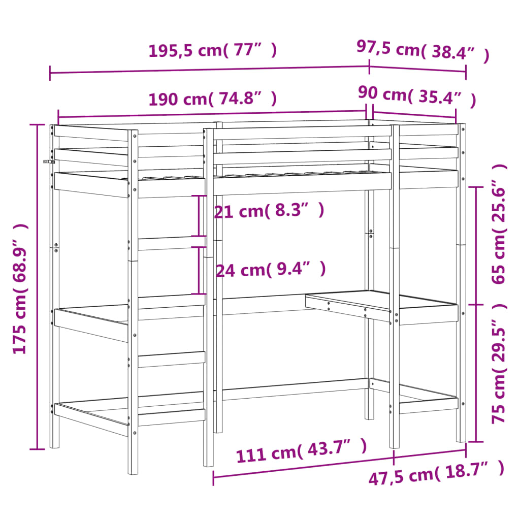 Loft Bed without Mattress White 90x190 cm Single Solid Wood Pine