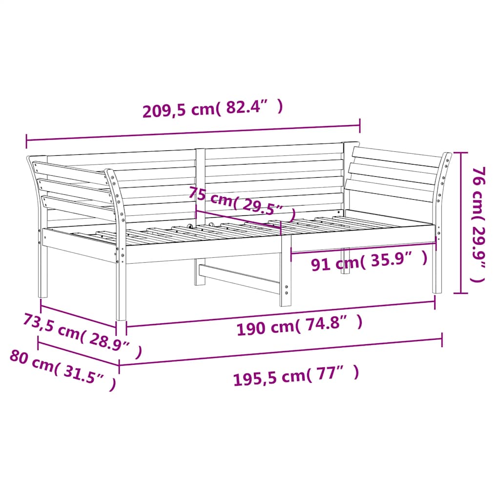 Day Bed without Mattress White 75x190 cm Small Single Solid Wood Pine