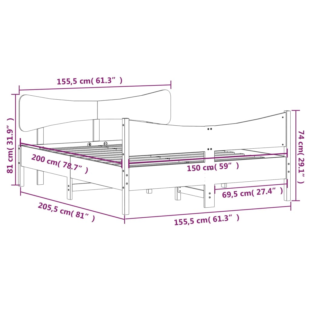 Bed Frame without Mattress 150x200 cm King Size Solid Wood Pine