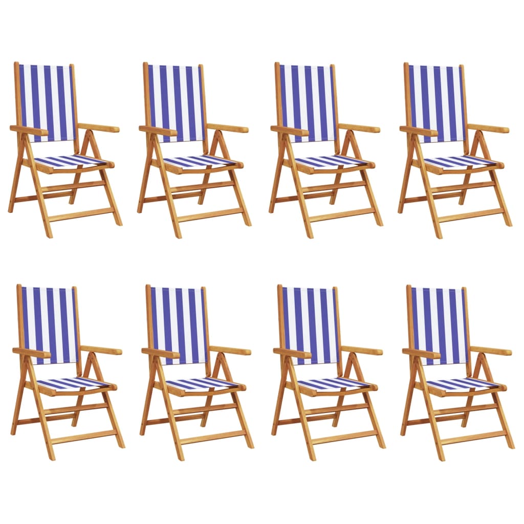 Reclining Garden Chairs 8 pcs Blue and White Fabric and Solid Wood