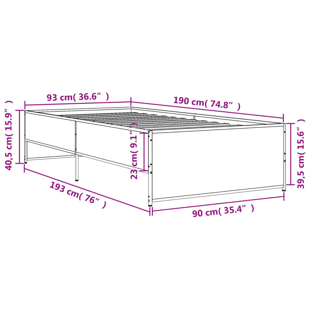 Bed Frame without Mattress Grey Sonoma 90x190 cm Single