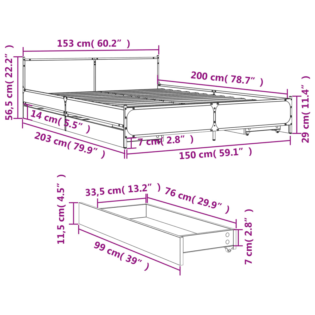 Bed Frame with Drawers without Mattress Grey Sonoma 150x200 cm King Size