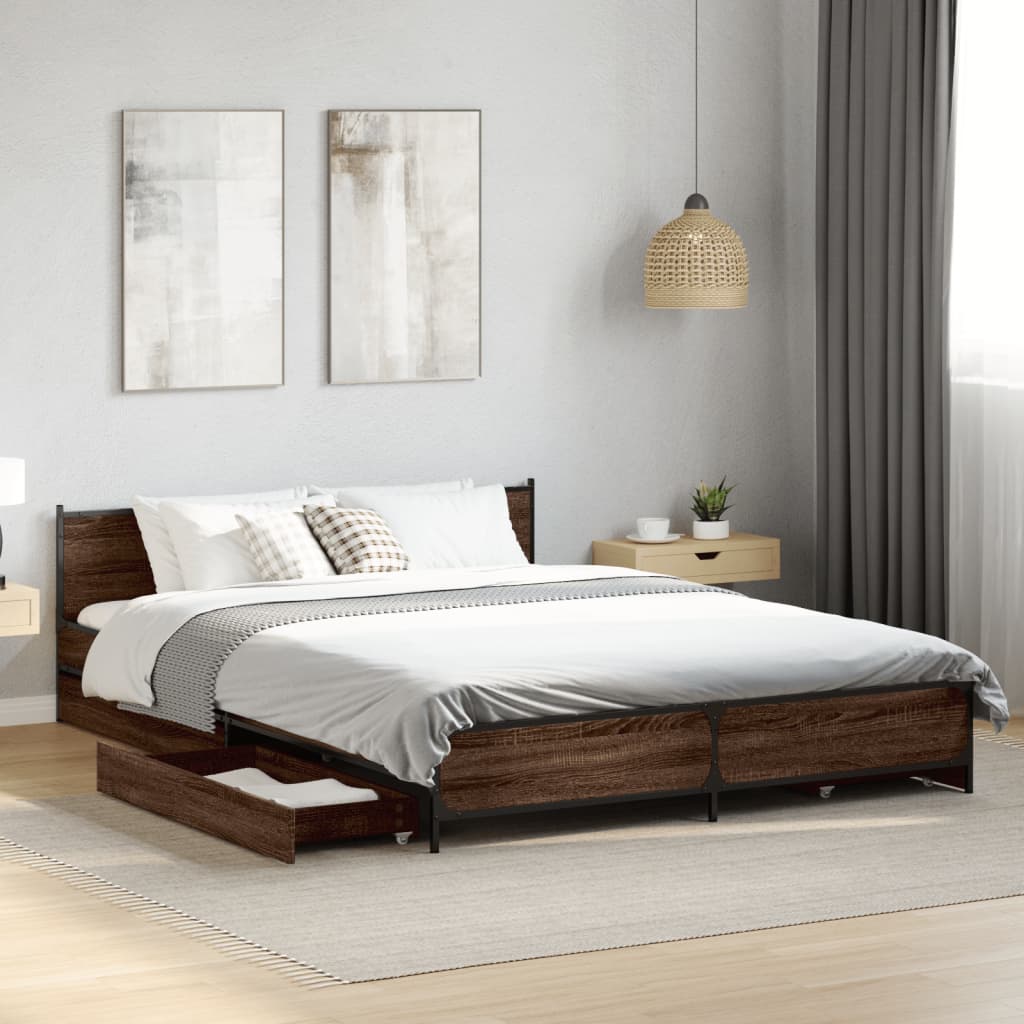 Bed Frame with Drawers without Mattress Brown Oak 150x200 cm King Size