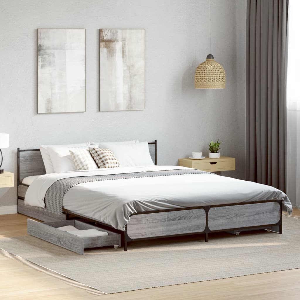 Bed Frame with Drawers without Mattress Grey Sonoma 135x190 cm Double