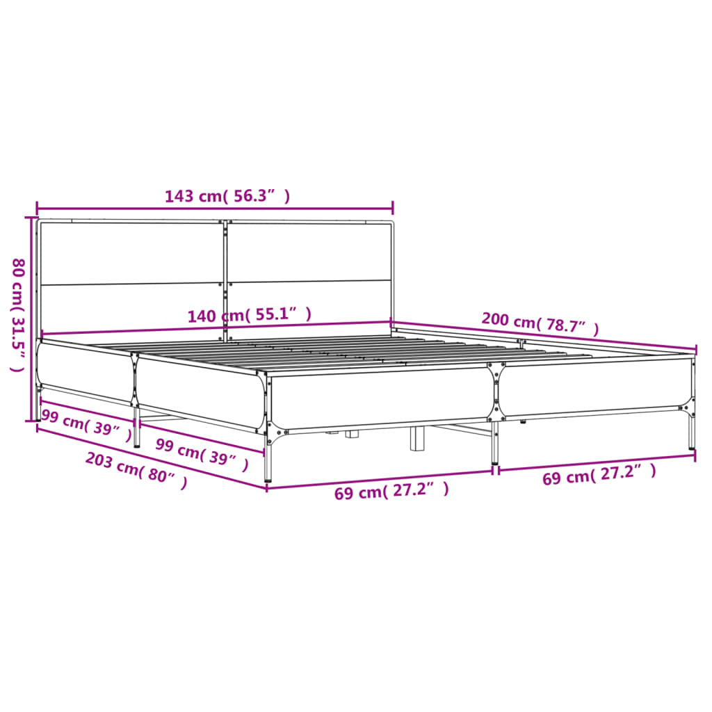 Bed Frame without Mattress Grey Sonoma 140x200 cm