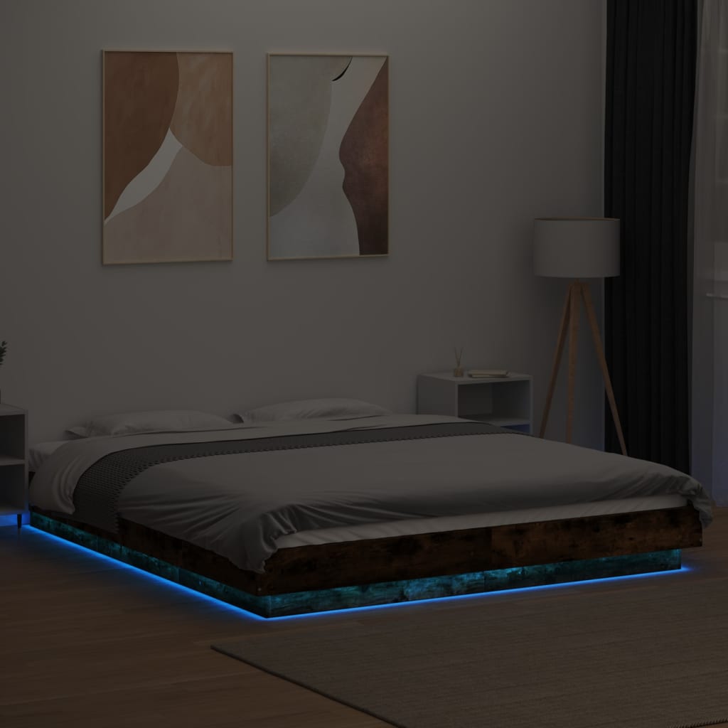 Bed Frame with LED Lights without Mattress Smoked Oak 150x200cm