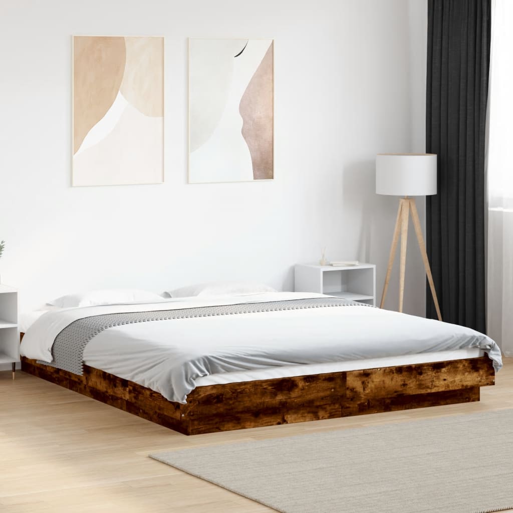 Bed Frame with LED Lights without Mattress Smoked Oak 150x200cm