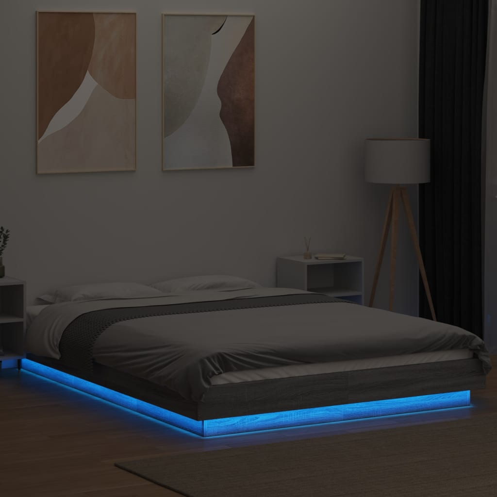 Bed Frame with LED Lights without Mattress Grey Sonoma 140x190cm
