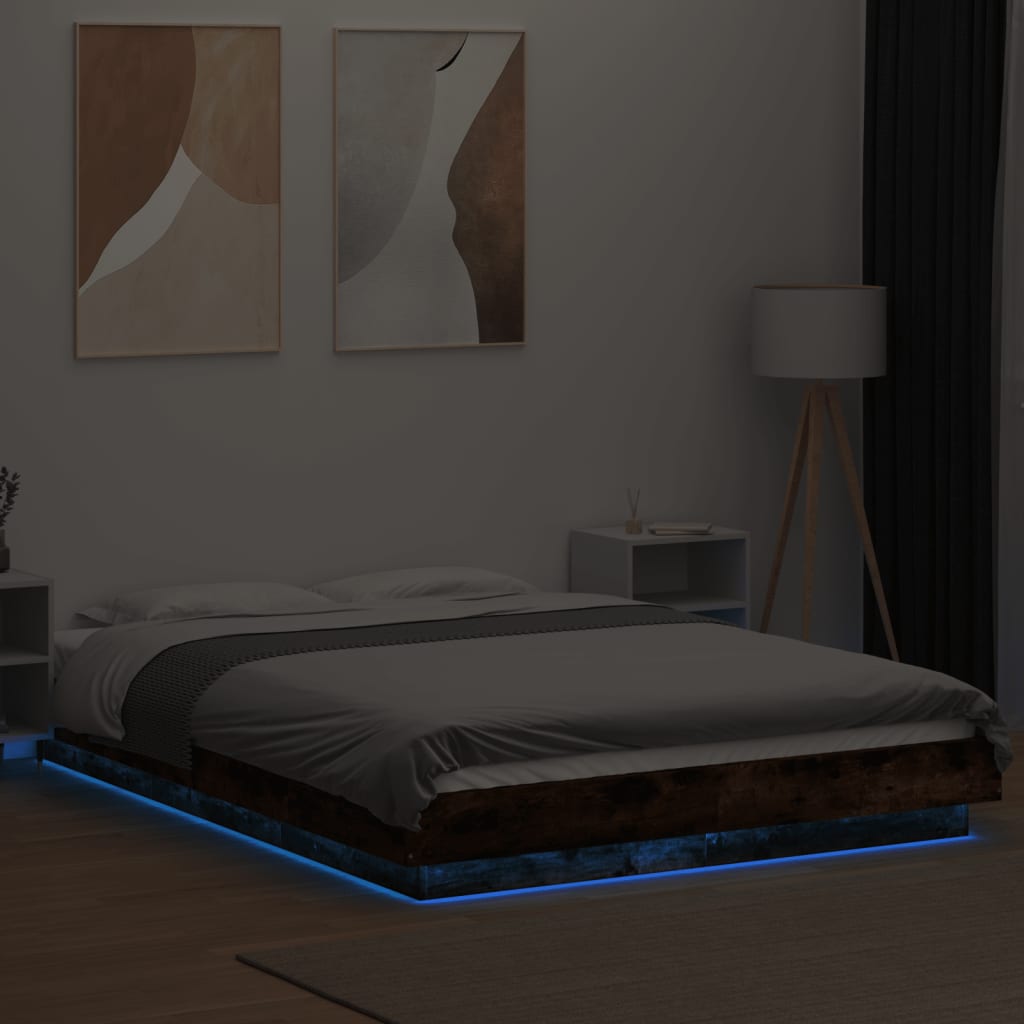 Bed Frame with LED Lights without Mattress Smoked Oak 120x190cm