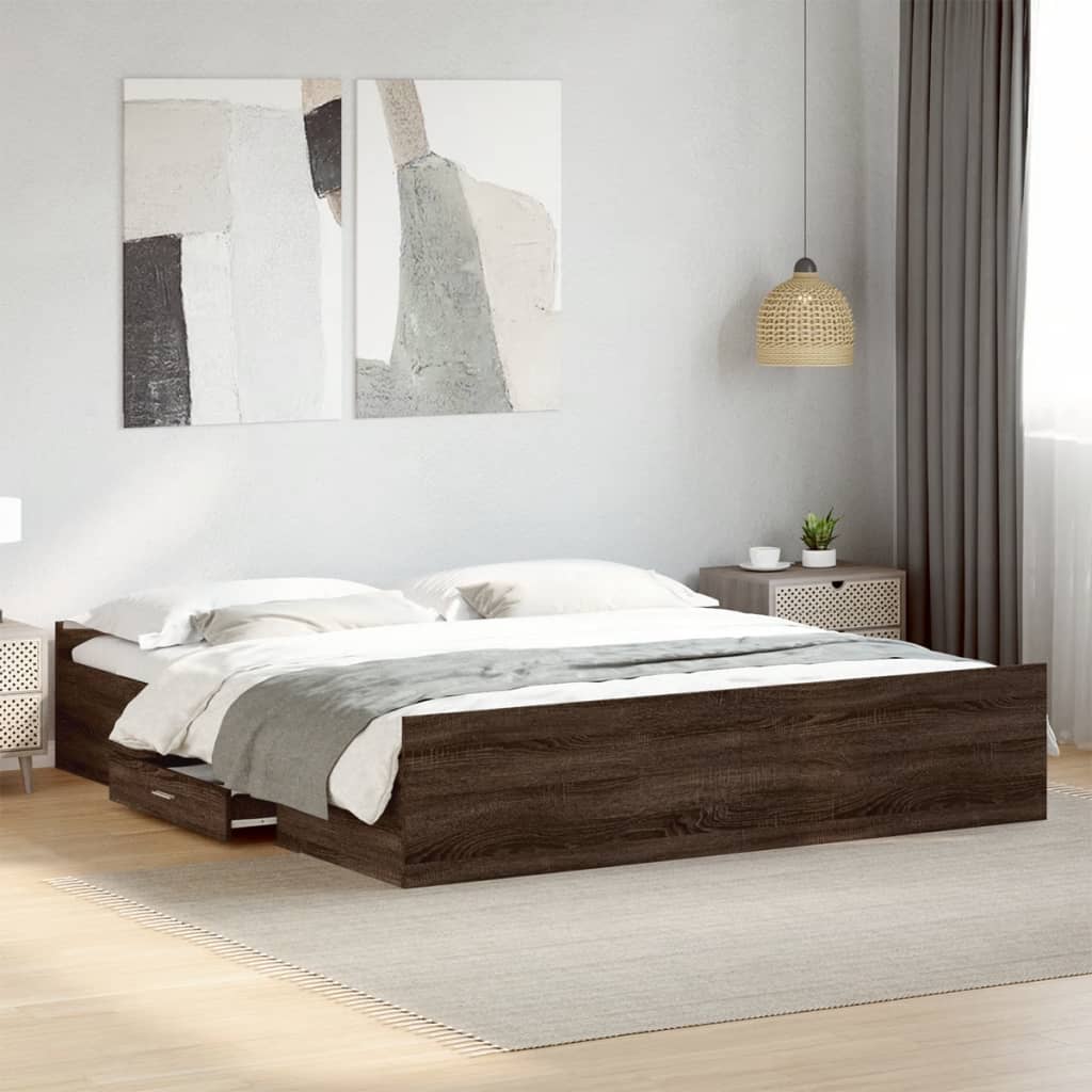 Bed Frame with Drawers without Mattress Brown Oak 200x200 cm