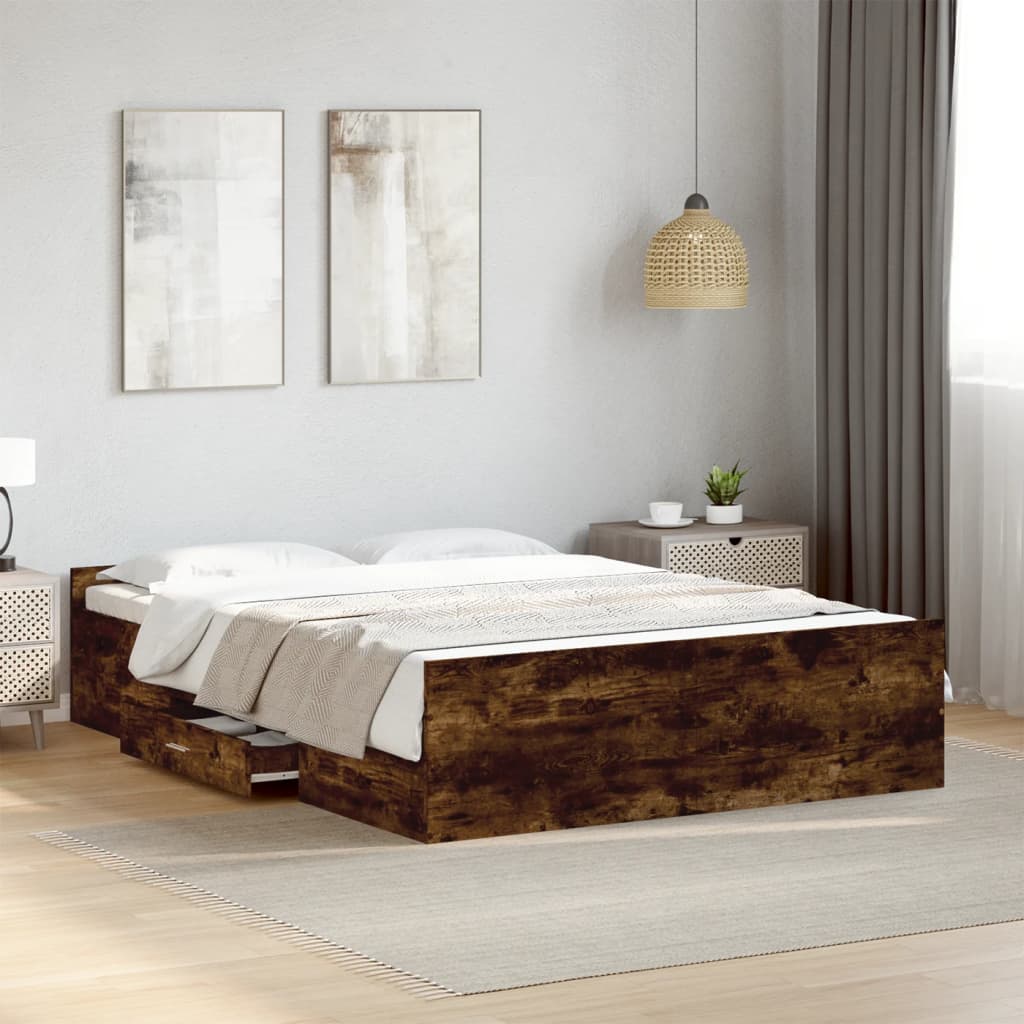 Bed Frame with Drawers without Mattress Smoked Oak 120x200 cm
