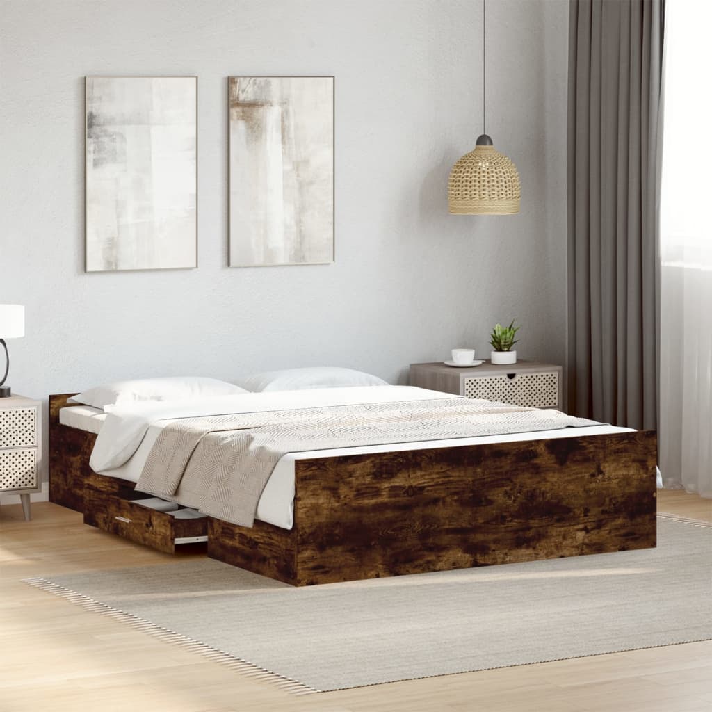 Bed Frame with Drawers without Mattress Smoked Oak 140x190 cm