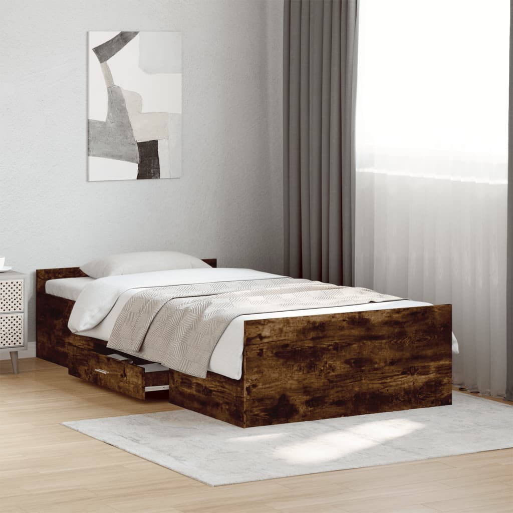 Bed Frame with Drawers without Mattress Smoked Oak 100x200 cm