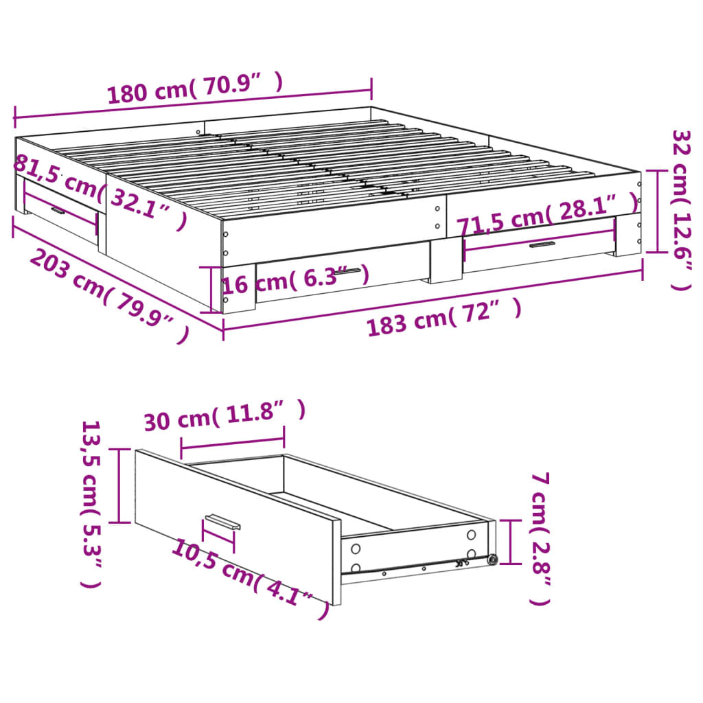 Bed Frame with Drawers without Mattress White 180x200 cm Super King