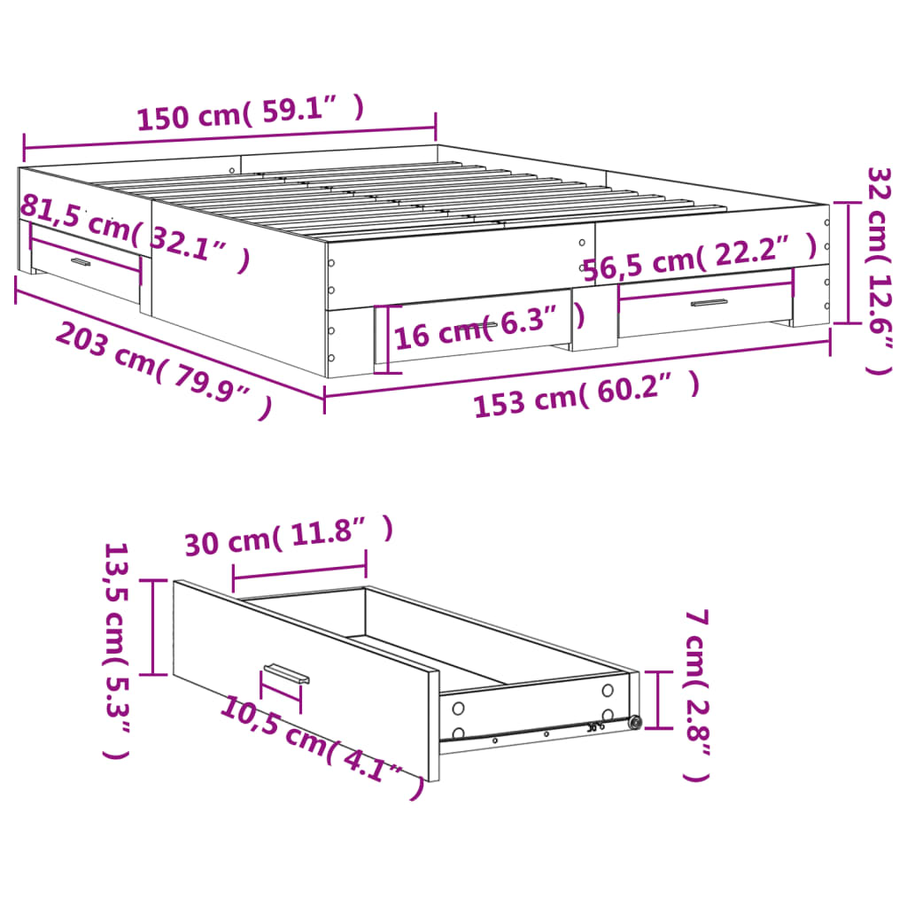 Bed Frame with Drawers without Mattress Sonoma Oak 150x200 cm King Size